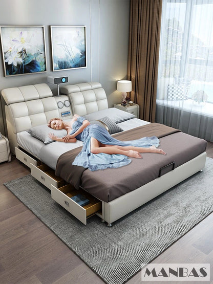 Linlamlim Ultimate Tech Smart Bed - Multifunctional Bedframe with Genuine Leather and Bluetooth Speaker, Drawers,...