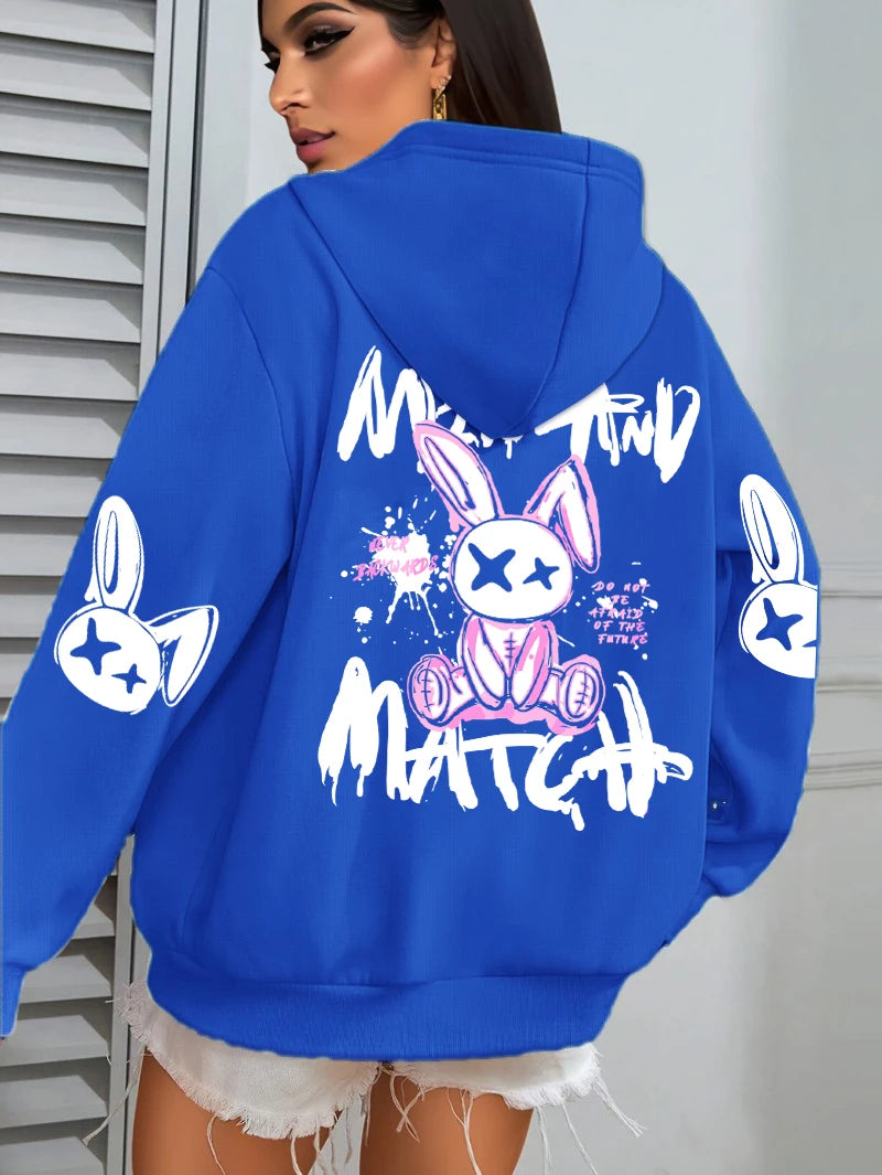 Mix And Match Cartoon Rabbit Prints Women Hoodie Pocket Streetwear Harajuku Loose Hoody All-Match Fleece Female Clothing