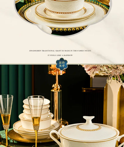 2025 New Jingdezhen Dishes Tableware Free Combination Household High-grade Bone China Tableware Housewarming Relief Rose