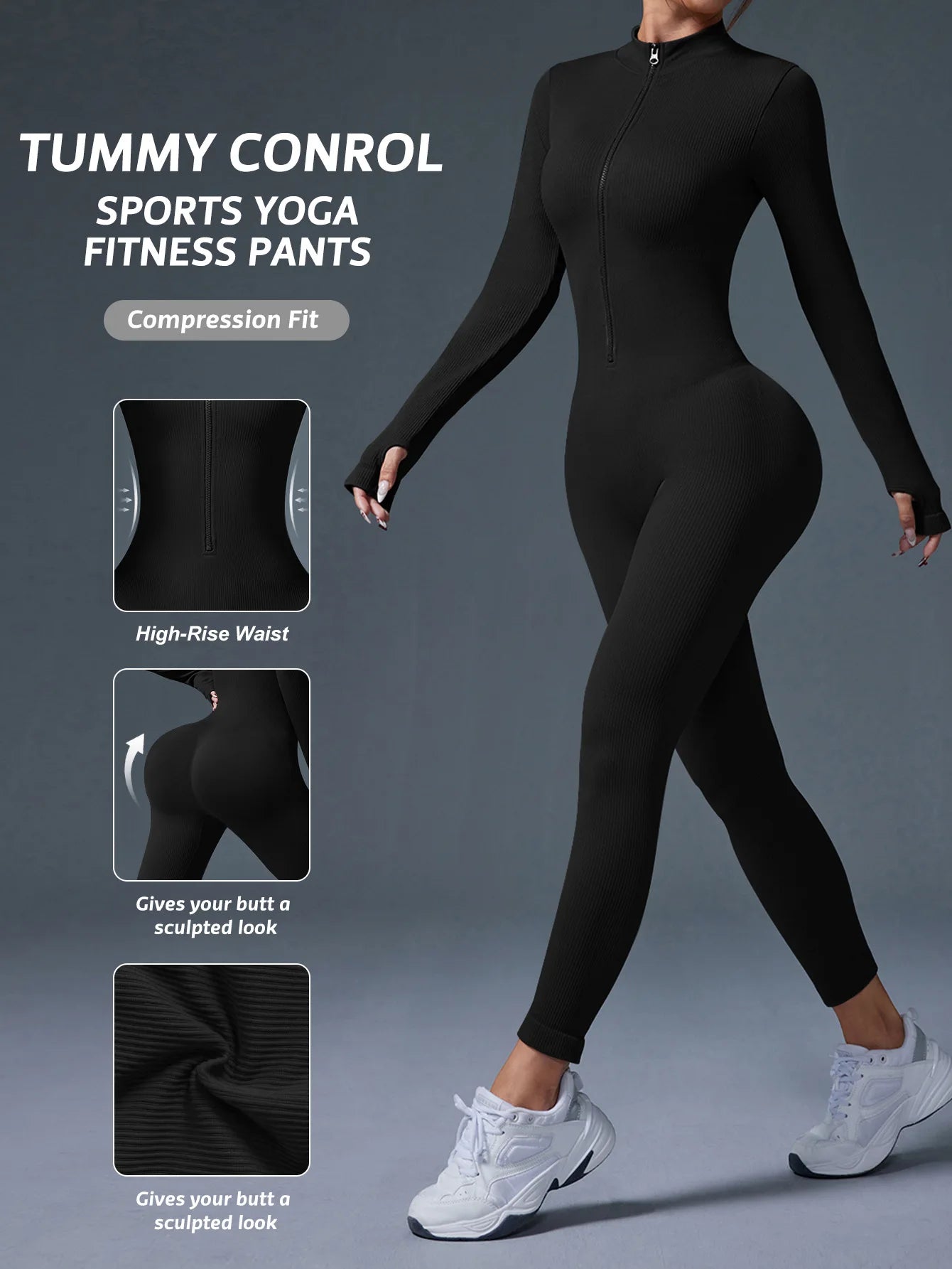 Half Zip Jumpsuit Women Gym Bodysuit Long Sleeve Activewear Set Running Workout Romper Fitness Overalls Sportswear Yoga Clothes