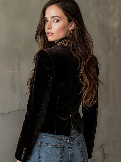 Leopard Jacket for Women Short Coat Notched Collar Velvet Slim Single Button Vintage Elegant Office Lady Autumn Fashion 2025