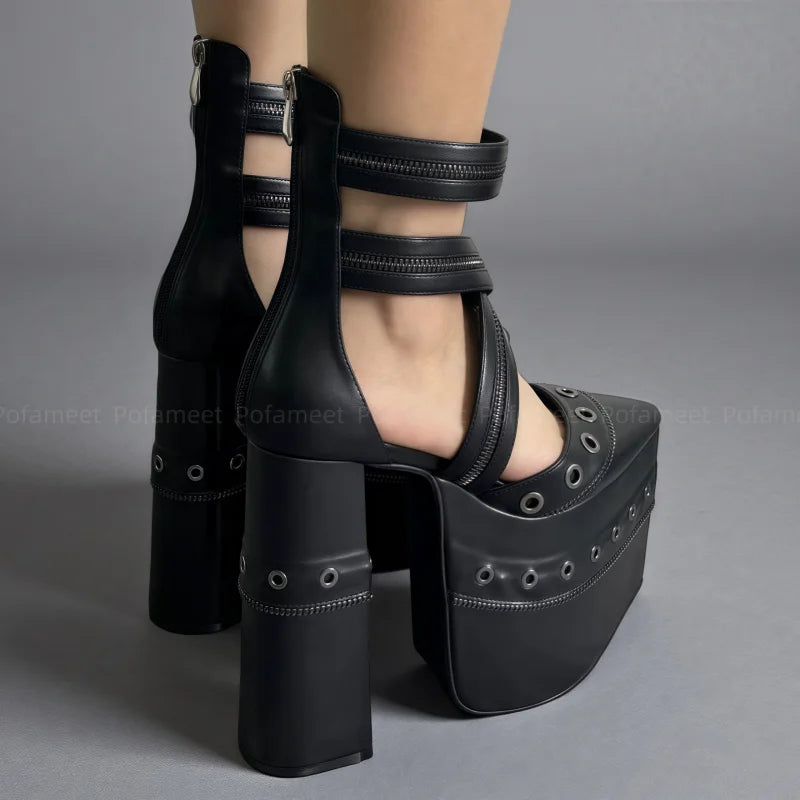 Sexy Women Mary Janes Chunky Heel Pumps Platform Shoes Pointed Toe Ankle Cross Strap Chain Decor Dress Shoes High Heel Sandals