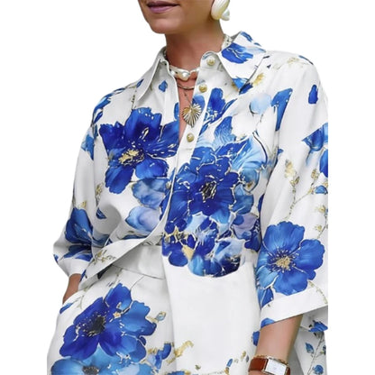 Yeezzi Women's Vintage Blue Floral Printed Lapel Blouses 2026 Half Sleeve Loose Buttoned Elegant Summer Vacation Matching Shirts