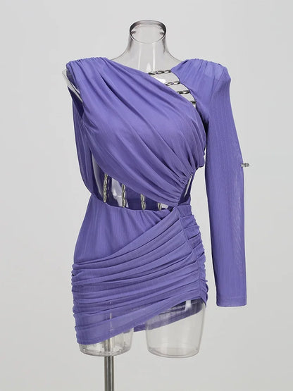 VC Party Glamour Purple One-Shoulder Cutout Chain Mini Dress for Summer Fashion Gala Gown