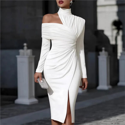 Sexy Package Hip Dress Off-shoulder Half-high Collar Long-sleeved Banquet Dress Fashion Elgant Pleated Slim Female Slit Dresses