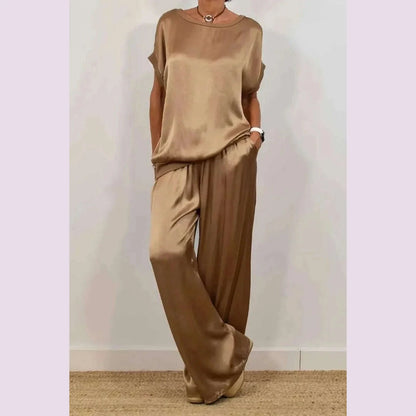 2025 Spring Satin Oversize Women Suit Black V-neck Tops Long Pants Loose Suits Female Summer Casual Trendy Ladies Clothes Sets