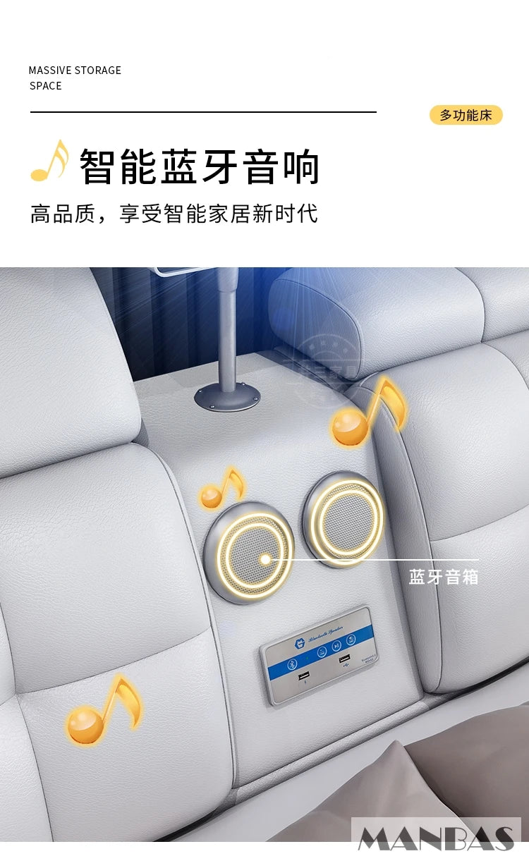 Linlamlim Ultimate Tech Smart Bed - Multifunctional Bedframe with Genuine Leather and Bluetooth Speaker, Drawers,...