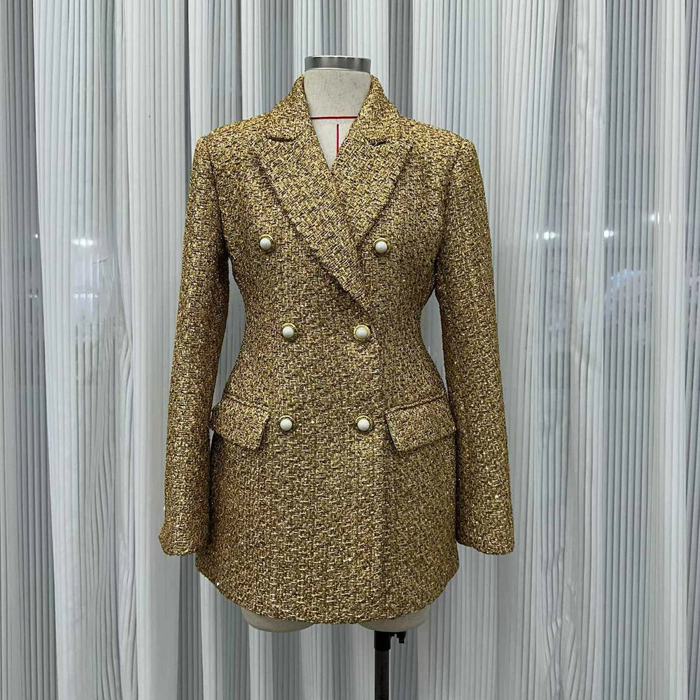 VGH Chic Luxurious Tweed Blazer for Wommen Noched Collar Long Sleeve Patcfhwork Double Breasted Elegant Formal Coat Female New