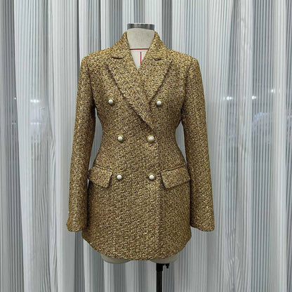 VGH Chic Luxurious Tweed Blazer for Wommen Noched Collar Long Sleeve Patcfhwork Double Breasted Elegant Formal Coat Female New