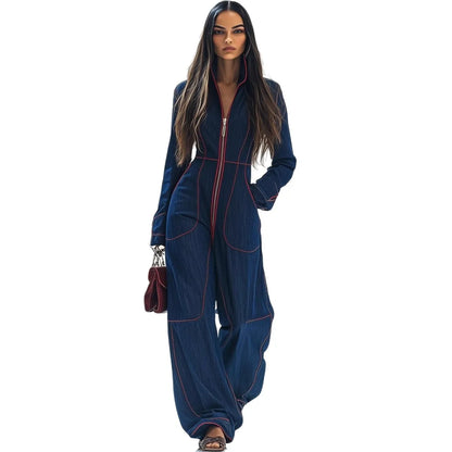 Slim Fit Stand Collar Long Sleeve Casual Cargo Jumpsuit 2025 New Style Europ-American High-Grade Waist-Cinched Wide-Leg...
