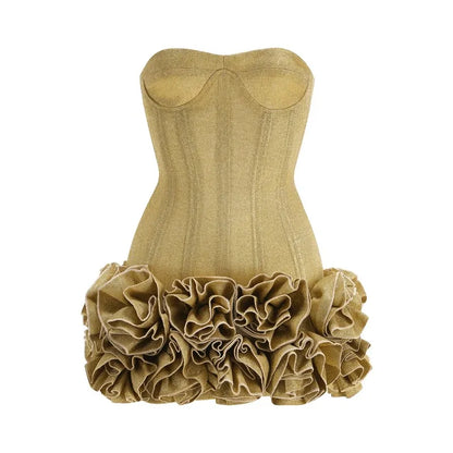 Stereoscopic Flowers Back Laceing Strapless Solid Bandage Mini Evening Dress Sweet Woman Birthday Party Patchwork Lace Up Dress