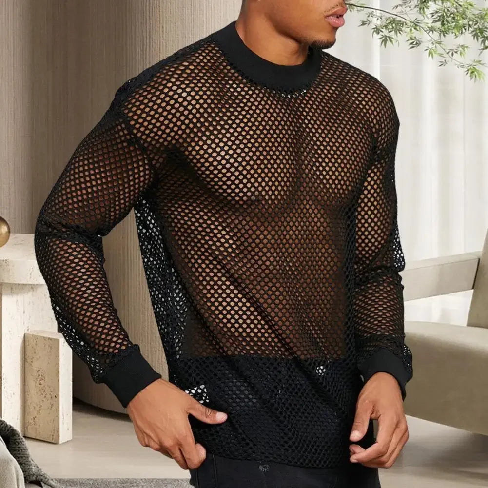 Men Black Mesh Top Hollow Design Muscle Tee Men's Thin Mesh Top with Long Sleeves Solid Color Stretchy Loose Fit for Club Dance - Kimlud