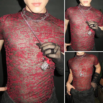 2024 Summer New European and American Men's Sexy Perspective High Neck Design Sensual and Fun Short Sleeve T-shirt Top - Kimlud