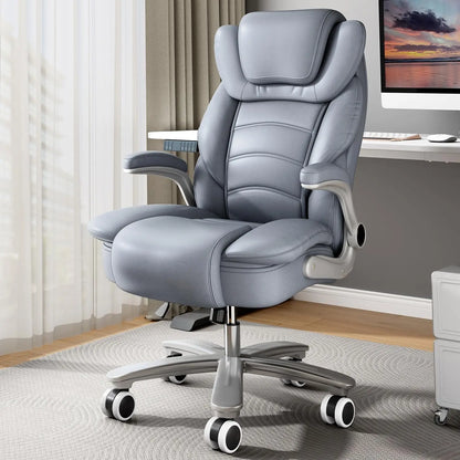 Office Chair 400lb Wide Seat, Ergonomic High Back Leather Executive Desk Chair with Flip-up Arms, Gray/Blue | Kimlud...