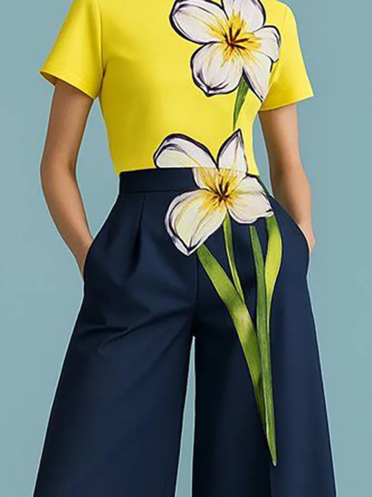 UOOZEE Women Casual Two Piece Sets Floral Printed Short Sleeves Yellow T-shirts & Elastic High Waist Wide Leg Loose Pants Suits - Kimlud