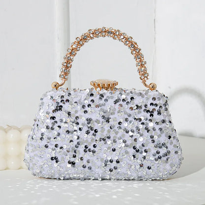 Luxury Women Shiny Sequins Evening Handbag Crystal Diamond Clutches Purse with Rhinestone Top Handle Lady Shoulder Messenger Bag - Kimlud