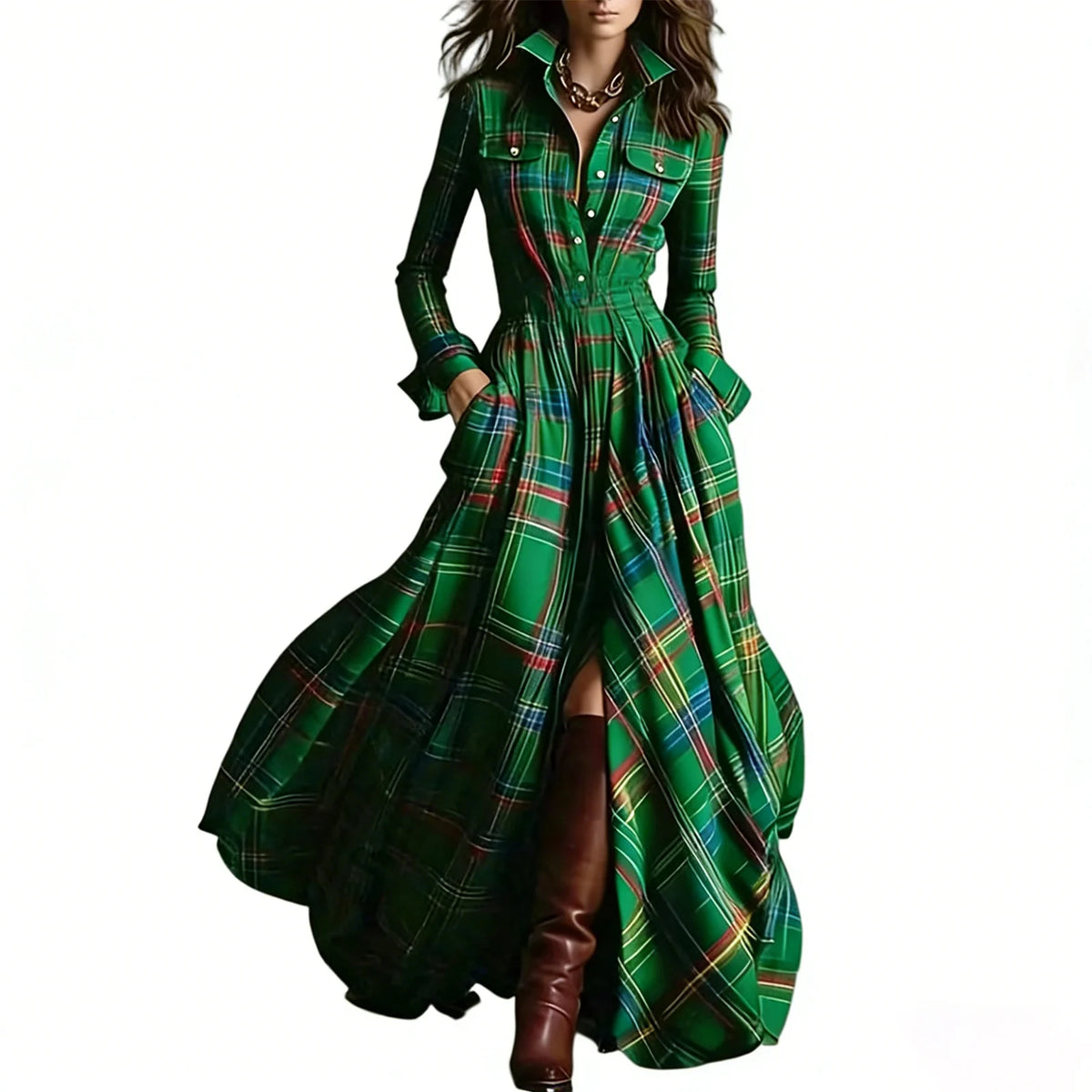 Retro Plaid Long Dresses Ladies Fashion Irregular Hem Slit Spring Autumn Long Sleeve Dress Western Style Buttons Shirt Dress New