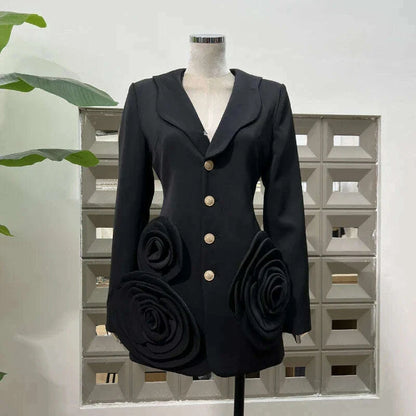 KBQ Solid Spliced Appliques Tunic Coats for Women Lapel Long Sleeve Patchwork Single Breasted Temperament Coat Female Fashion