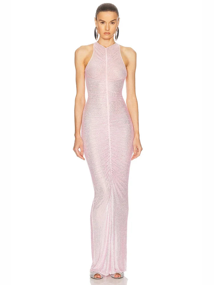 Sexy Sleeveless O Neck Diamonds Mermaid Long Dress Women Pink Fold Ruched Slim Runway Celebrity Evening Party Club Maxi...