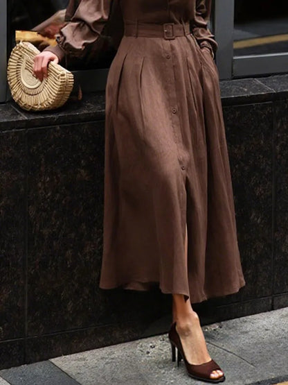 Gymystars Long Sleeve Dress Woman Fall 2025 Lapel Shirt Dress Fashion Loose Pleated Belt Decoration Casual Button Maxi Dresses