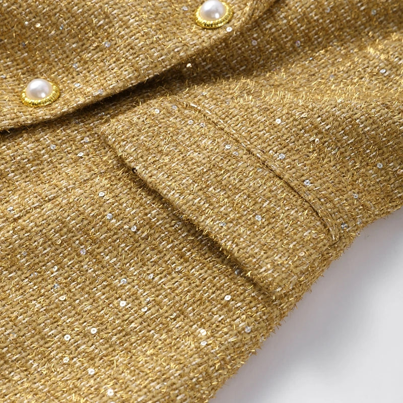 Elegant Paillettes Blazer Coat Women Lapel Doube-breasted Fake Pocket Slim Jackets Lady 2025 Autumn Winter Streewear Female New