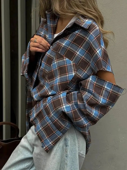 Fashion Checkered Pattern Shirt Women Elegant Lapel Long Sleeve Single Breasted Pocket Loose Tops 2026 New Chic Outerwear Shirt