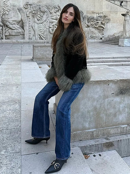 Vintage Patchwork Women's Faux Fur Trim Coat Urban Lapel Full Sleeve Female Jacket Female 2026 Spring Winter Lady Streetwear New