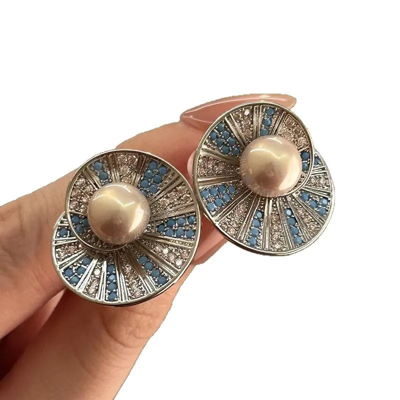 Light Luxury Personalized Elegant Blue Crystal Flower Stud Earrings For Women Fashion Simple Geometry Jewelry Party...