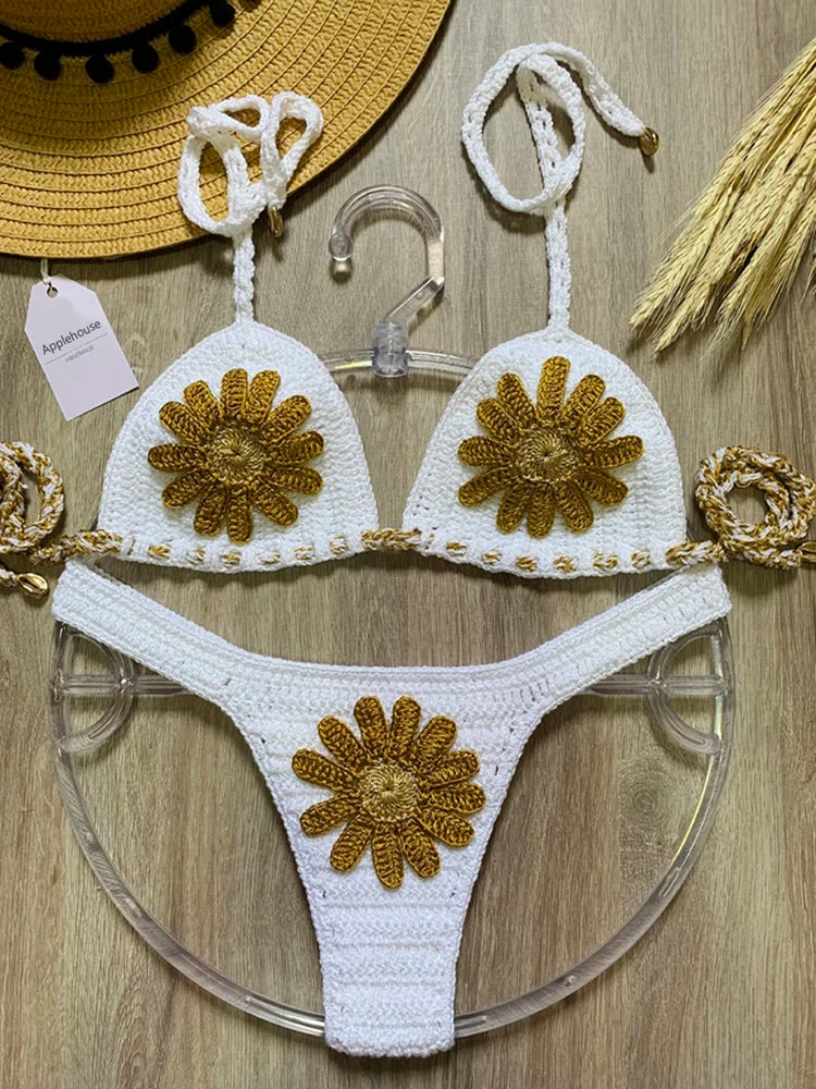 Crochet Bikinis Set Mujer Tankini Swimwear Women Biquinis Feminino Sexy Swimsuit Biquini Flor Brazilian Adjustable Thong Bikini - Kimlud