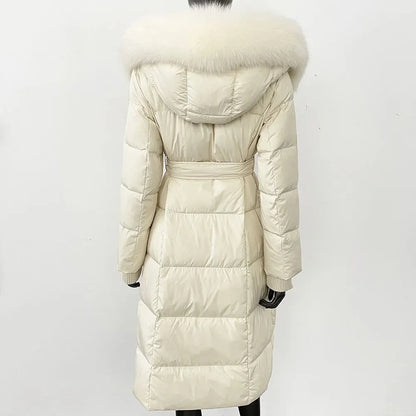 CXFS New Real Raccoon Fox Fur Collar Hooded Natural Long Winter Jacket Women 90 White Duck Down Coat Thick Warm Casual Outerwear