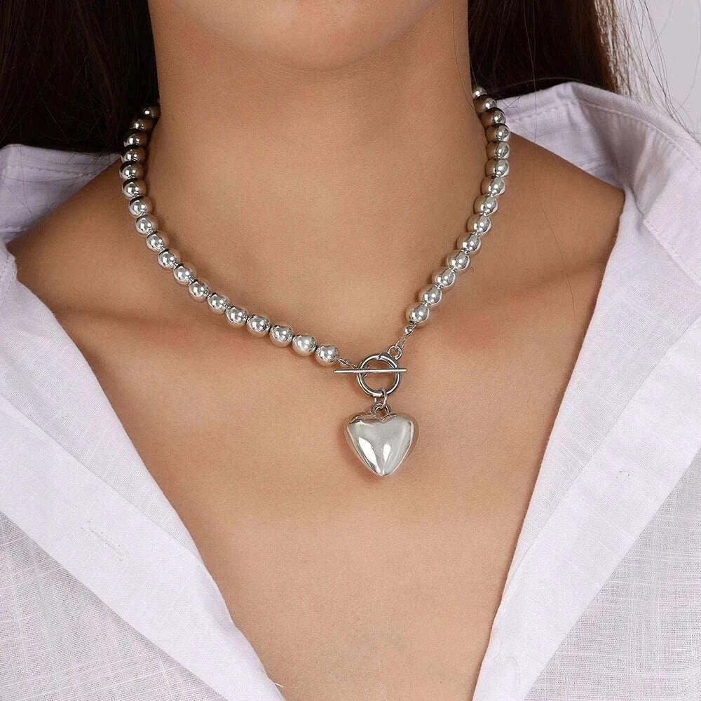 Exaggerated Hollow Big Heart Pendant Necklace for Women Girls CCB Ball Beads Necklace Party Club Punk Jewelry Gifts