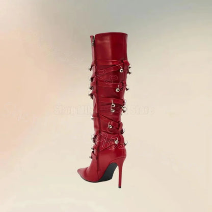 Metal Circle Rivets Red Pointed Toe Boots Side Zipper Women Shoes Thin High Heels Fashion Party Dating 2026 Zapatos Para...