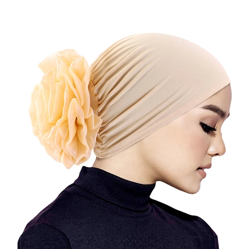 Women's Hijabs Turban Big Flower Elastic Cloth Hair Bands Hat Beanie Ladies Muslim Solid Hair Loss Scarf Cap Hair Accessories