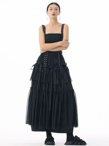 [EAM] High Elastic Waist Coffee Mesh Perspective Ribbon Strap Half-body Skirt Women Fashion Tide New Spring Autumn 2026 1DJ5044
