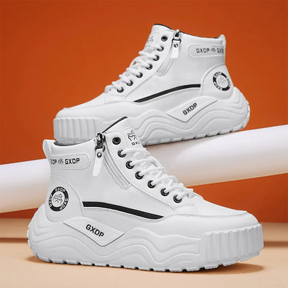 Men's High Top Leather Sneakers Thick Soled for Height Increase Slip Resistant and Wear Resistant Versatile Casual Sports Shoes