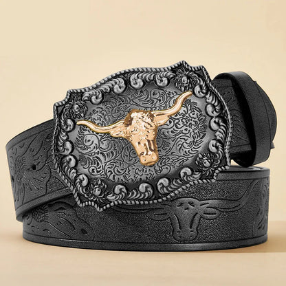New Men's Western Cowboy Belt - Cool Handsome Black PU BELT Material Embossed Design and Stylish Alloy Buckle Men Belt