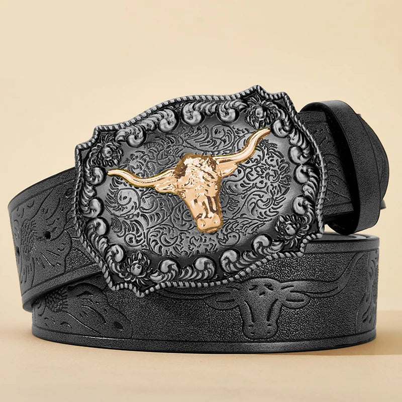 New Men's Western Cowboy Belt - Cool Handsome Black PU BELT Material Embossed Design and Stylish Alloy Buckle Men Belt