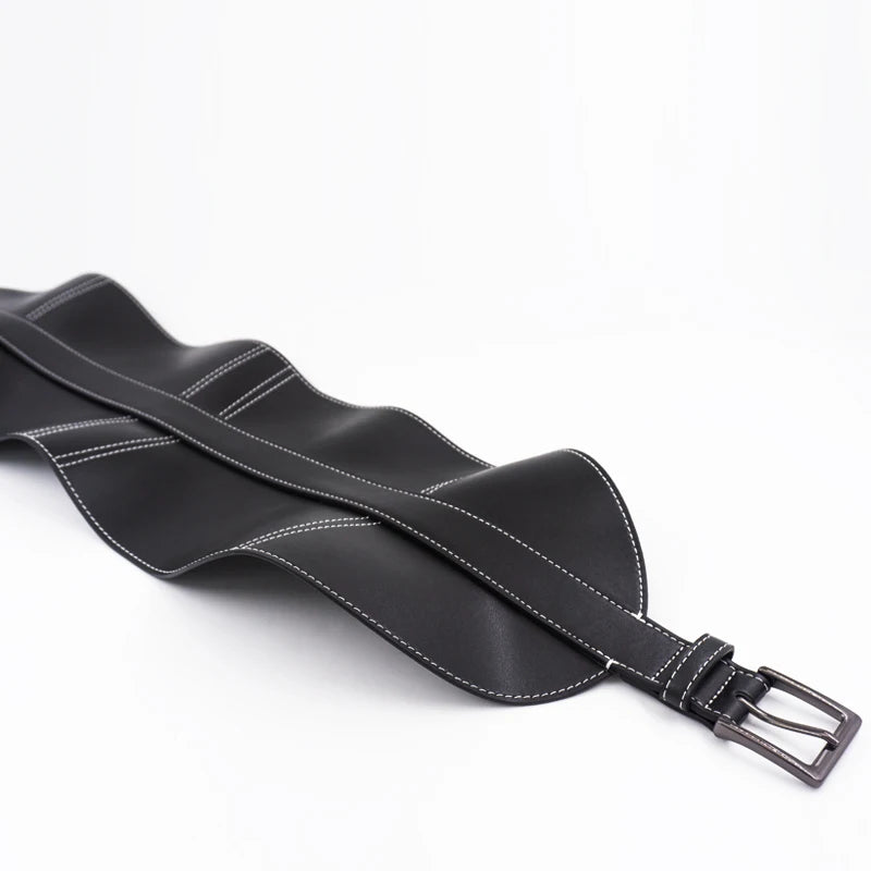 Top-stitched waist seal leather women's wide waistband black pin buckle fashion soft leather dress decorative belt |...