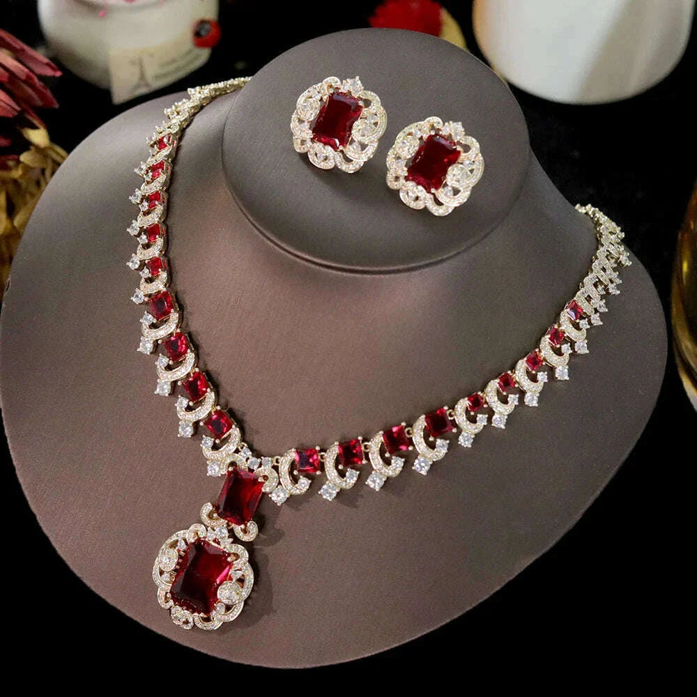 ASNORA New European and American Banquet Jewelry,  Heart Earrings Necklace Set Women's Red Zircon Square Pendant