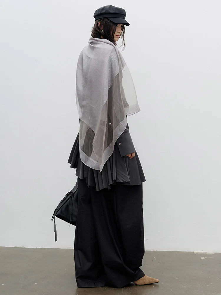 [EAM] Women Gray Pleated Irregular Burr Hem Elegant Shirt Dress New V-neck Long Sleeve Fashion Tide Spring Autumn 2026...