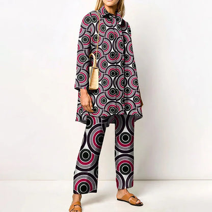 Autumn New Loose Vintage Printed Pant Sets Women Long Sleeve Shirts And Wide Legs Trousers Two Piece Set 2025 Fashion Streetwear