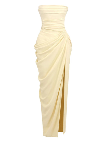 Sexy Strapless Folds Ruched High Split Long Dress Women Sleeveless Backless Lace-up Slim Dresses Celebrity Evening Party Gowns