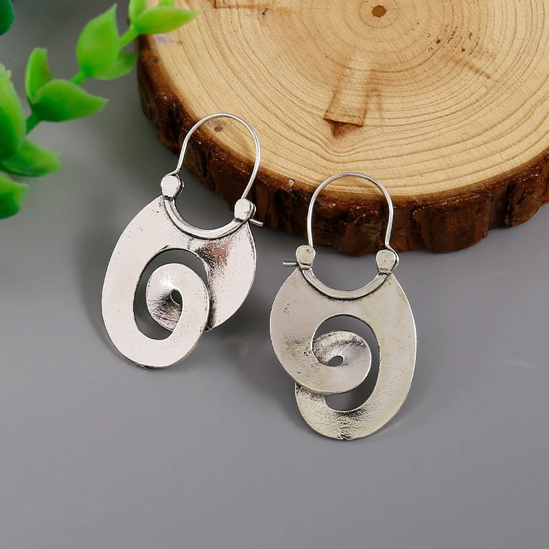 Gypsy Curl Metal Hoop Earrings for Women Jewelry Tribal Silver Color Hollow Spiral Winding Hanging Dangle Earrings - Kimlud