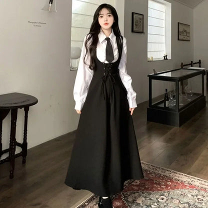 Lapel Neck Tie Long Sleeve White Shirt Women+ Slim Waist Mid-length Strap Dress For Women Two Piece Sets 2025 Fashion New