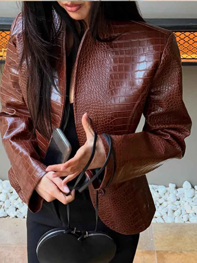 Fashion Crocodile Embossed Faux Leather Women's Jacket Stand Collar Short Slim Long Sleeve Coat Chic 2026 Autumn New...