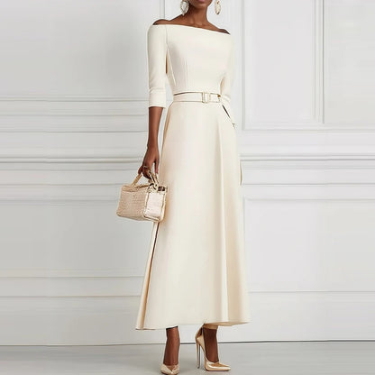 Office Ladies Elegant Solid High Waist Party Dress 2025 Spring Crew Neck Hollow Long Dress Autumn Long Sleeve A-Line Maxi Dress