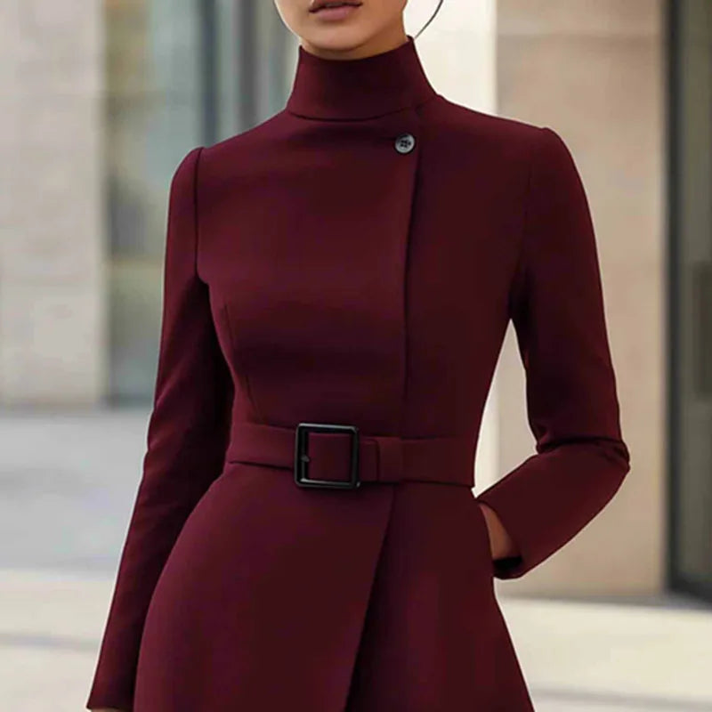 Autumn Winter Turtleneck Solid A-Line Dress Elegant Button High Waist Pocket Office Dress Woman Long Sleeve Casual Party Dresses