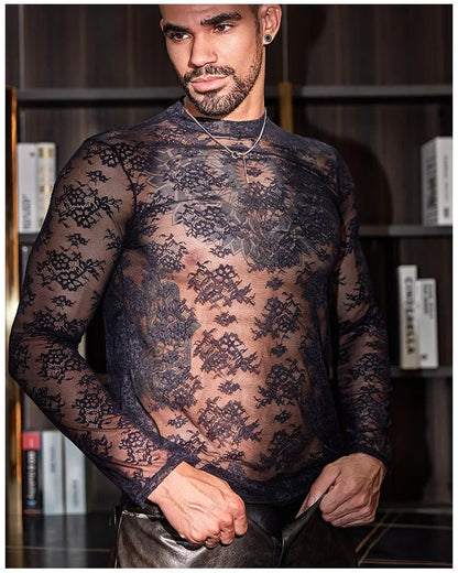 Lace Mesh Sheer See Through T-shirts for Men High Elastic Tight Thin Breathable Comfortable Tops Long Sleeves Fashion Blouse - Kimlud