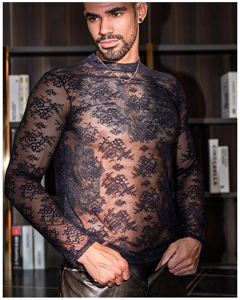 Lace Mesh Sheer See Through T-shirts for Men High Elastic Tight Thin Breathable Comfortable Tops Long Sleeves Fashion Blouse - Kimlud