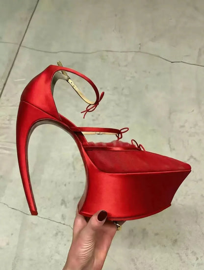 2026 Spring/Summer New Fashion Runway Satin Pink Ribbon Pointed-Toe Platform Stiletto Heel Ballet Bow High-Heeled Pump...